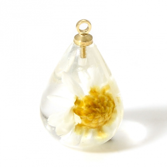 Picture of 2 PCs Resin & Real Dried Flower Charms Drop White 3D 21mm x 13mm