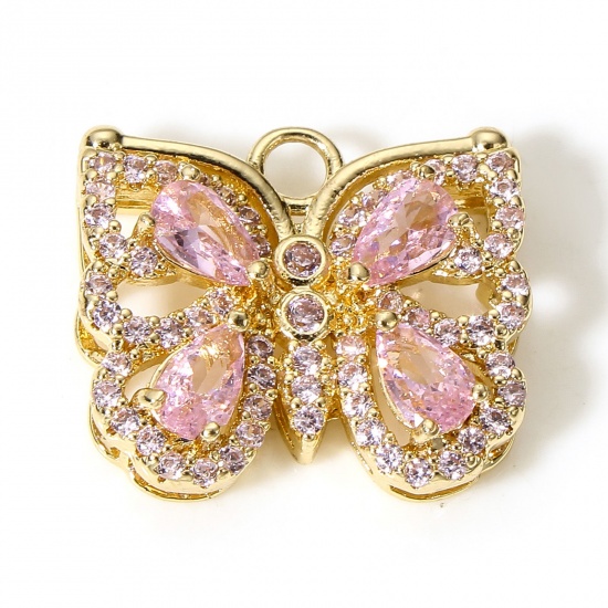 Picture of 1 Piece Brass & Glass Insect Charms Gold Plated Pink Butterfly Animal Micro Pave 17mm x 15mm                                                                                                                                                                  