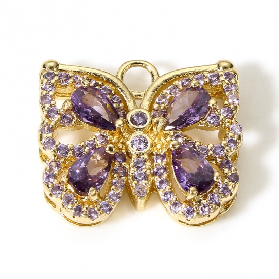 Picture of 1 Piece Brass & Glass Insect Charms Gold Plated Purple Butterfly Animal Micro Pave 17mm x 15mm                                                                                                                                                                