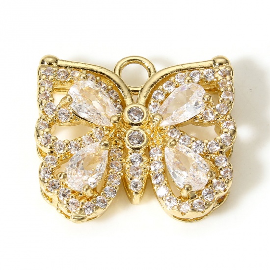 Picture of 1 Piece Brass & Glass Insect Charms Gold Plated Transparent Clear Butterfly Animal Micro Pave 17mm x 15mm                                                                                                                                                     