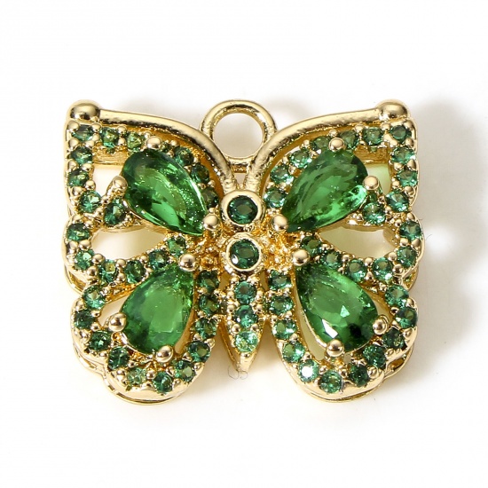 Picture of 1 Piece Brass & Glass Insect Charms Gold Plated Green Butterfly Animal Micro Pave 17mm x 15mm                                                                                                                                                                 