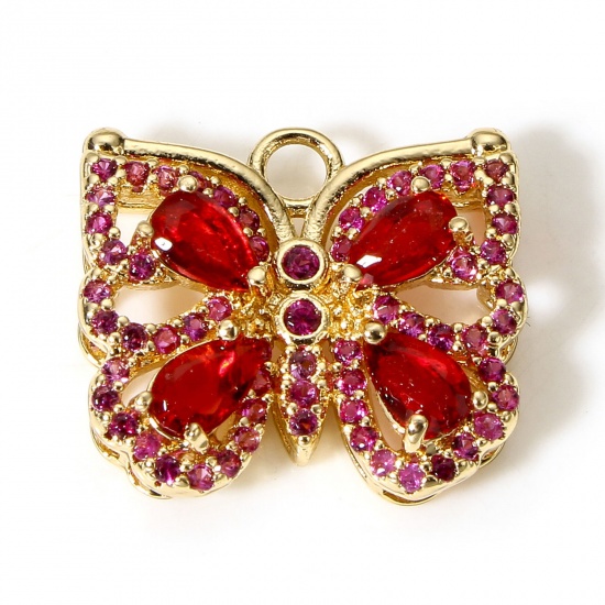 Picture of 1 Piece Brass & Glass Insect Charms Gold Plated Red Butterfly Animal Micro Pave 17mm x 15mm                                                                                                                                                                   