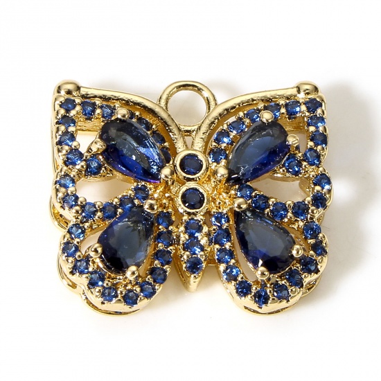 Picture of 1 Piece Brass & Glass Insect Charms Gold Plated Dark Blue Butterfly Animal Micro Pave 17mm x 15mm                                                                                                                                                             