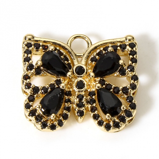 Picture of 1 Piece Brass & Glass Insect Charms Gold Plated Black Butterfly Animal Micro Pave 17mm x 15mm                                                                                                                                                                 