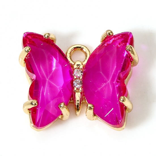 Picture of 5 PCs Brass & Glass Insect Charms Gold Plated Fuchsia Butterfly Animal 12mm x 10mm                                                                                                                                                                            