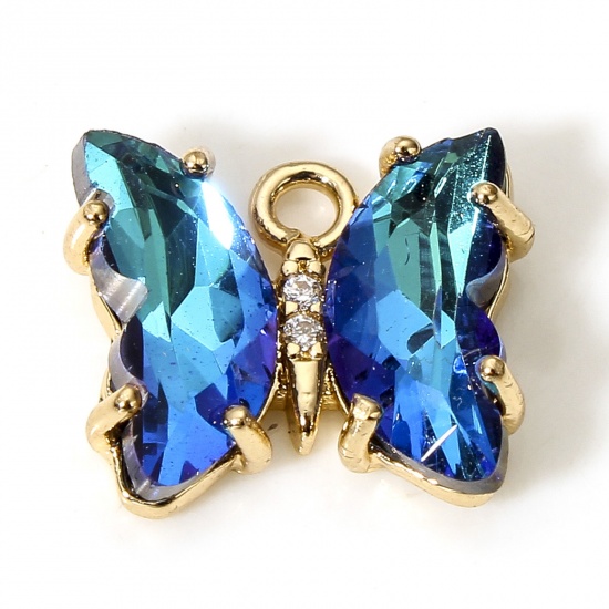 Picture of 5 PCs Brass & Glass Insect Charms Gold Plated Blue AB Rainbow Color Butterfly Animal 12mm x 10mm                                                                                                                                                              