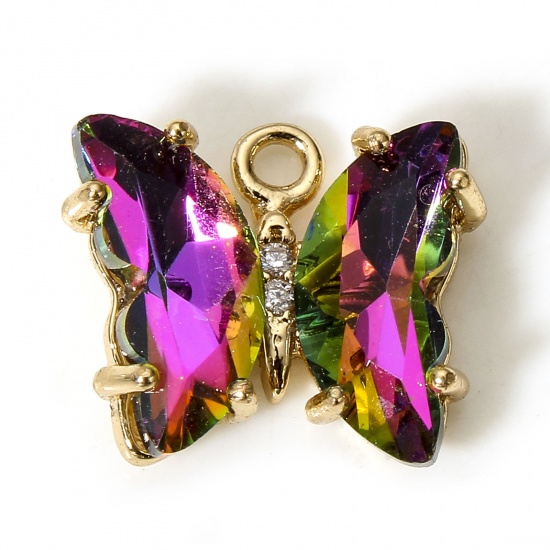 Picture of 5 PCs Brass & Glass Insect Charms Gold Plated Purple AB Rainbow Color Butterfly Animal 12mm x 10mm                                                                                                                                                            
