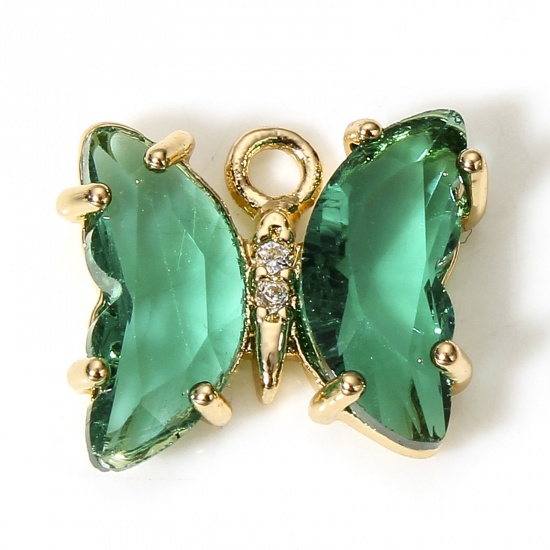 Picture of 5 PCs Brass & Glass Insect Charms Gold Plated Green Butterfly Animal 12mm x 10mm                                                                                                                                                                              