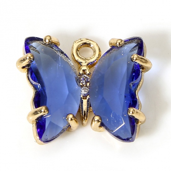 Picture of 5 PCs Brass & Glass Insect Charms Gold Plated Dark Blue Butterfly Animal 12mm x 10mm                                                                                                                                                                          