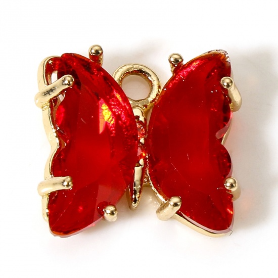 Picture of 5 PCs Brass & Glass Insect Charms Gold Plated Red Butterfly Animal 12mm x 10mm                                                                                                                                                                                
