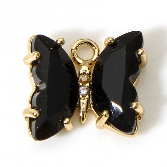 Picture of 5 PCs Brass & Glass Insect Charms Gold Plated Black Butterfly Animal 12mm x 10mm                                                                                                                                                                              