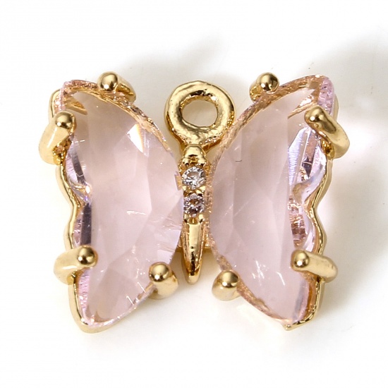 Picture of 5 PCs Brass & Glass Insect Charms Gold Plated Pink Butterfly Animal 12mm x 10mm                                                                                                                                                                               