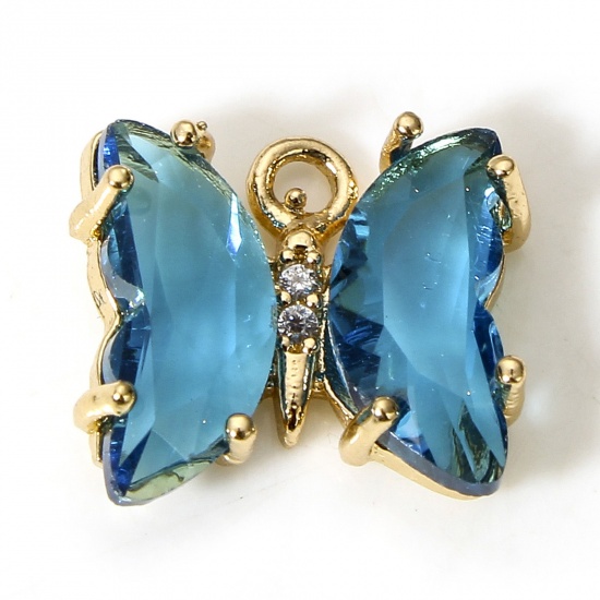 Picture of 5 PCs Brass & Glass Insect Charms Gold Plated Peacock Blue Butterfly Animal 12mm x 10mm                                                                                                                                                                       