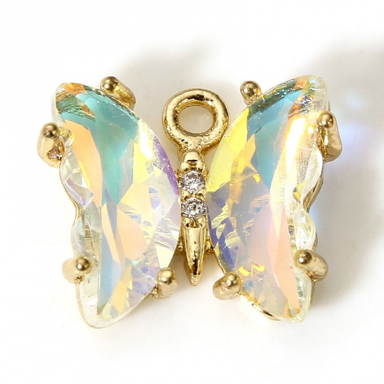 Picture of 5 PCs Brass & Glass Insect Charms Gold Plated Transparent Clear AB Rainbow Color Butterfly Animal 12mm x 10mm                                                                                                                                                 