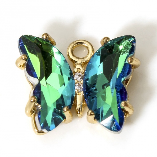 Picture of 5 PCs Brass & Glass Insect Charms Gold Plated Green AB Rainbow Color Butterfly Animal 12mm x 10mm                                                                                                                                                             