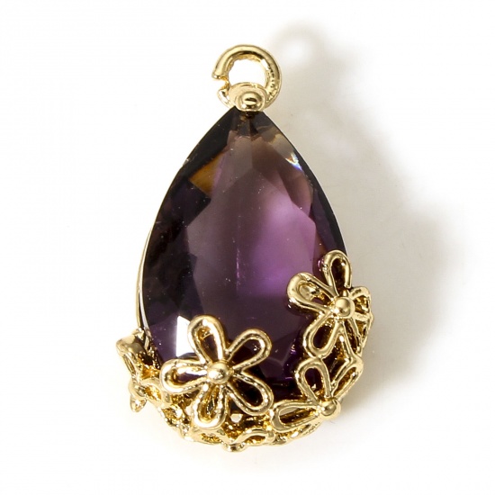 Picture of 5 PCs Brass & Glass Charms Gold Plated Dark Purple Drop Plum Flower 16mm x 9.5mm                                                                                                                                                                              