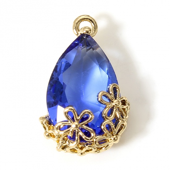 Picture of 5 PCs Brass & Glass Charms Gold Plated Royal Blue Drop Plum Flower 16mm x 9.5mm                                                                                                                                                                               