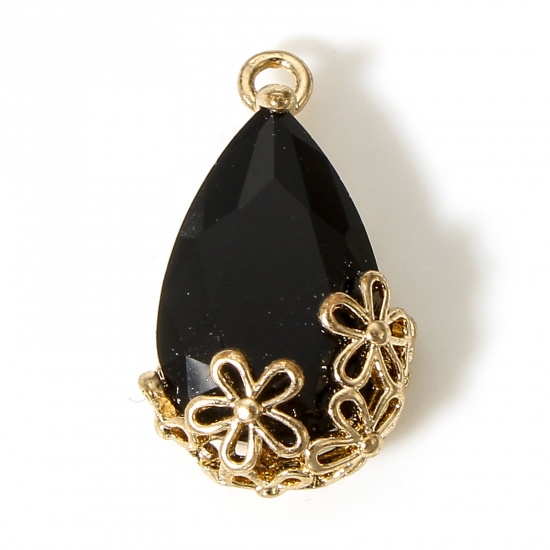Picture of 5 PCs Brass & Glass Charms Gold Plated Black Drop Plum Flower 16mm x 9.5mm                                                                                                                                                                                    