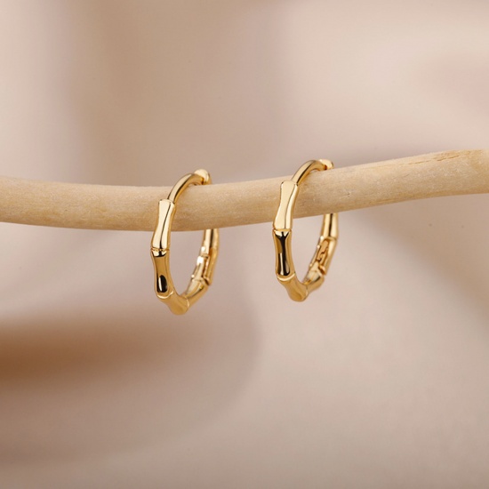 Picture of 1 Pair Brass Ins Style Hoop Earrings Gold Plated Bamboo-shaped 8mm                                                                                                                                                                                            