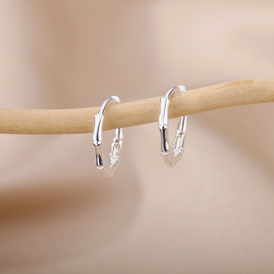 Picture of 1 Pair Brass Ins Style Hoop Earrings Platinum Plated Bamboo-shaped 8mm                                                                                                                                                                                        