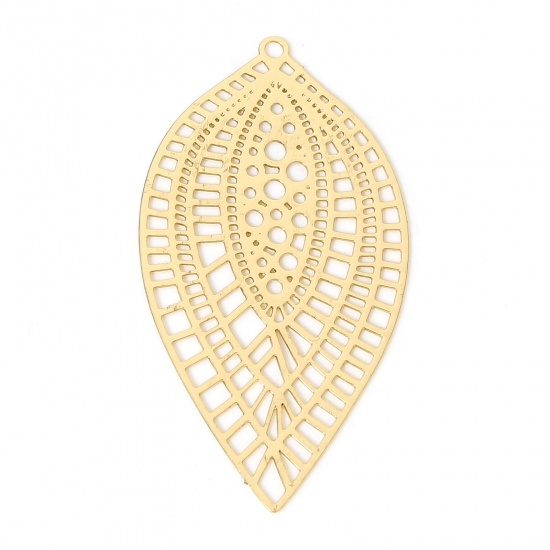 Picture of 10 PCs Iron Based Alloy Filigree Stamping Pendants KC Gold Plated Leaf 4.5cm x 2.4cm