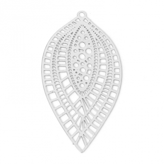 Picture of 10 PCs Iron Based Alloy Filigree Stamping Pendants Silver Tone Leaf 4.5cm x 2.4cm