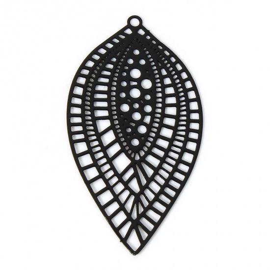 Picture of 10 PCs Iron Based Alloy Filigree Stamping Pendants Black Leaf Painted 4.5cm x 2.4cm