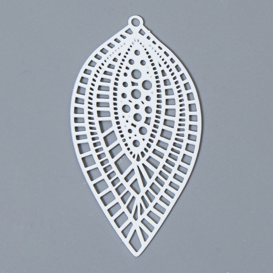 Picture of 10 PCs Iron Based Alloy Filigree Stamping Pendants White Leaf Painted 4.5cm x 2.4cm