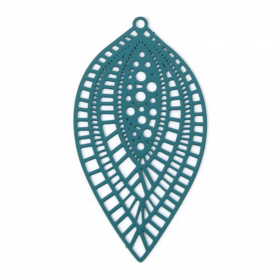 Picture of 10 PCs Iron Based Alloy Filigree Stamping Pendants Peacock Green Leaf Painted 4.5cm x 2.4cm