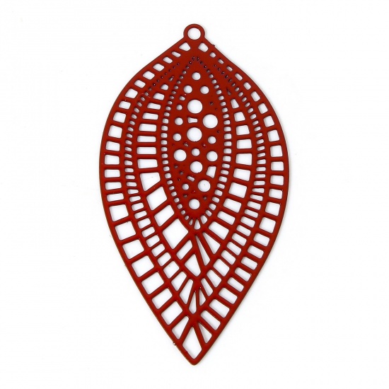 Picture of 10 PCs Iron Based Alloy Filigree Stamping Pendants Red Leaf Painted 4.5cm x 2.4cm