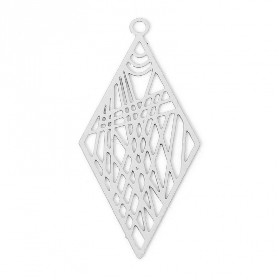 Image de 20 Pcs Pendentifs Estampe en Filigrane en Alliage de Fer Argent Mat Losange 3.3cm x 1.6cm