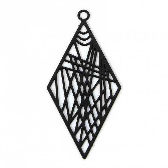 Image de 20 Pcs Pendentifs Estampe en Filigrane en Alliage de Fer Noir Losange Laqué 3.3cm x 1.6cm