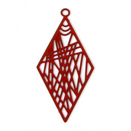 Image de 20 Pcs Pendentifs Estampe en Filigrane en Alliage de Fer Rouge Losange Laqué 3.3cm x 1.6cm