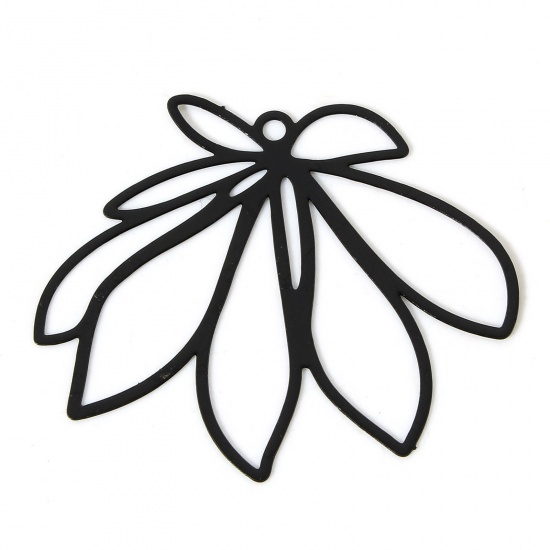 Picture of 10 PCs Iron Based Alloy Filigree Stamping Pendants Black Flower Leaves Painted 3.6cm x 3cm