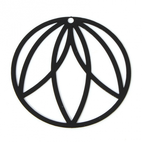 Picture of 10 PCs Iron Based Alloy Filigree Stamping Pendants Black Round Leaf Painted 3.6cm Dia.