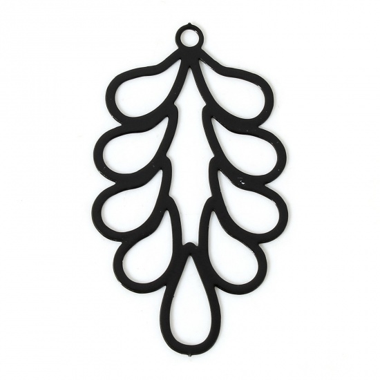 Picture of 20 PCs Iron Based Alloy Filigree Stamping Pendants Black Leaf Painted 3.3cm x 1.8cm