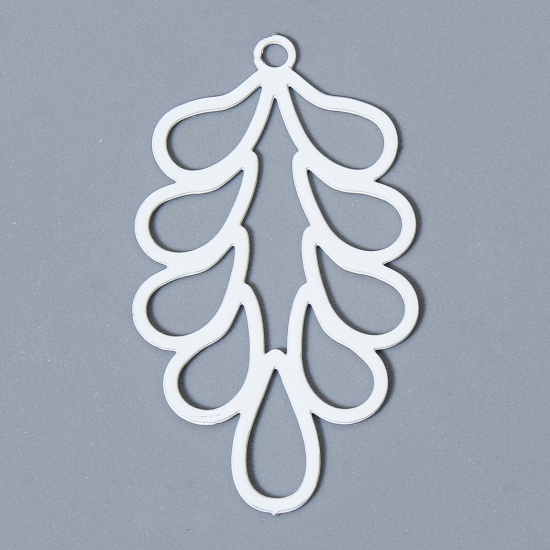 Picture of 20 PCs Iron Based Alloy Filigree Stamping Pendants White Leaf Painted 3.3cm x 1.8cm