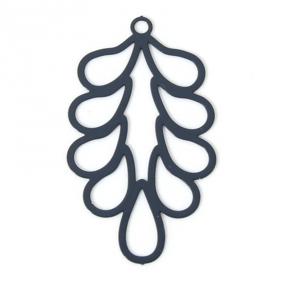 Picture of 20 PCs Iron Based Alloy Filigree Stamping Pendants Gray Leaf Painted 3.3cm x 1.8cm