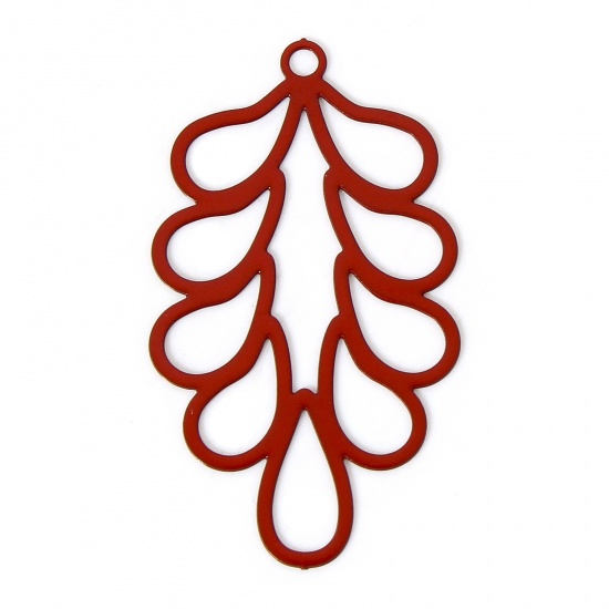 Picture of 20 PCs Iron Based Alloy Filigree Stamping Pendants Red Leaf Painted 3.3cm x 1.8cm
