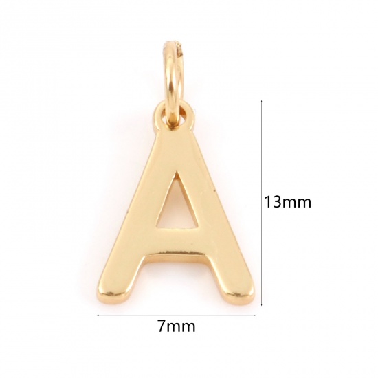 Picture of 2 PCs Brass Charms 18K Real Gold Plated Capital Alphabet/ Letter Message " A " 13mm x 7mm