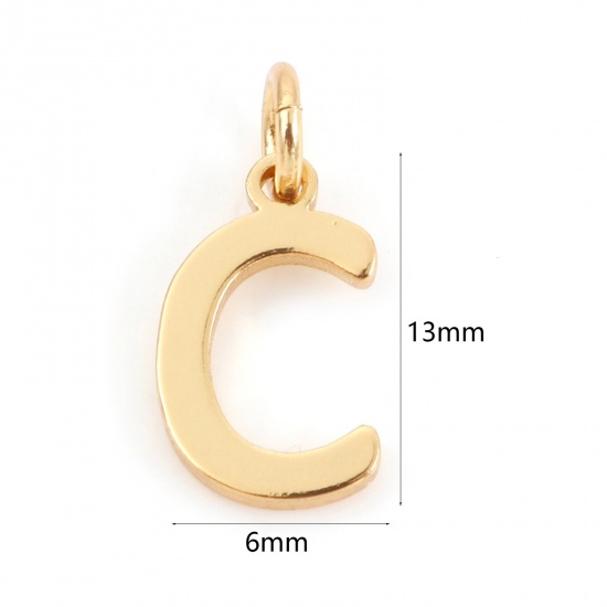 Picture of 2 PCs Brass Charms 18K Real Gold Plated Capital Alphabet/ Letter Message " C " 13mm x 6mm