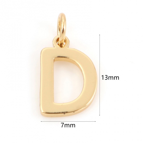 Picture of 2 PCs Brass Charms 18K Real Gold Plated Capital Alphabet/ Letter Message " D " 13mm x 7mm