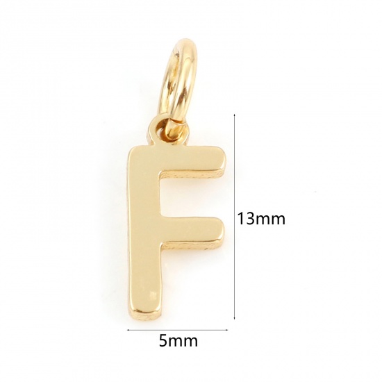 Picture of 2 PCs Brass Charms 18K Real Gold Plated Capital Alphabet/ Letter Message " F " 13mm x 5mm