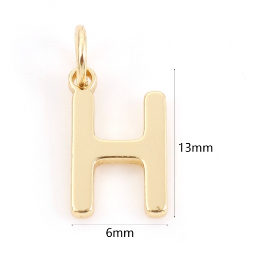 Picture of 2 PCs Brass Charms 18K Real Gold Plated Capital Alphabet/ Letter Message " H " 13mm x 6mm