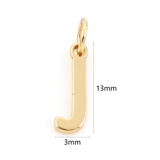 Picture of 2 PCs Brass Charms 18K Real Gold Plated Capital Alphabet/ Letter Message " J " 13mm x 3mm