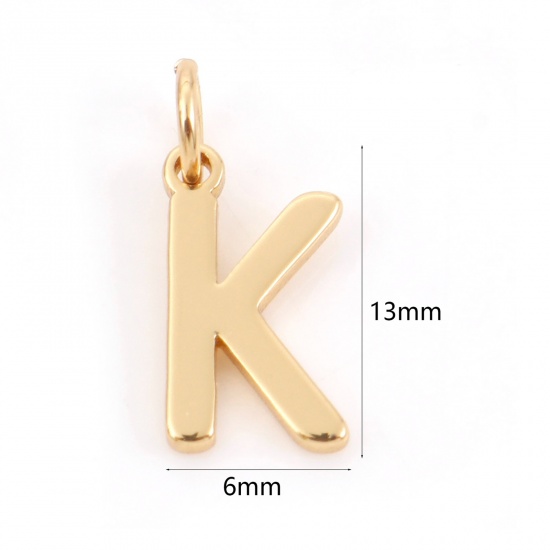 Picture of 2 PCs Brass Charms 18K Real Gold Plated Capital Alphabet/ Letter Message " K " 13mm x 6mm