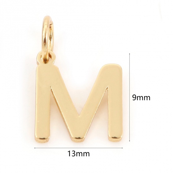 Picture of 2 PCs Brass Charms 18K Real Gold Plated Capital Alphabet/ Letter Message " M " 13mm x 9mm