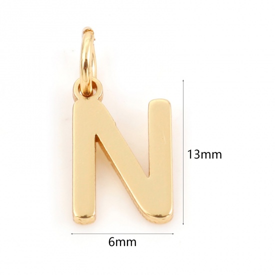 Picture of 2 PCs Brass Charms 18K Real Gold Plated Capital Alphabet/ Letter Message " N " 13mm x 6mm