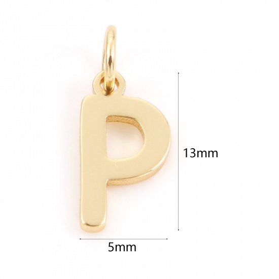 Picture of 2 PCs Brass Charms 18K Real Gold Plated Capital Alphabet/ Letter Message " P " 13mm x 5mm