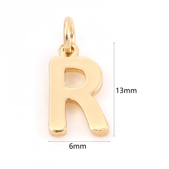 Picture of 2 PCs Brass Charms 18K Real Gold Plated Capital Alphabet/ Letter Message " R " 13mm x 6mm